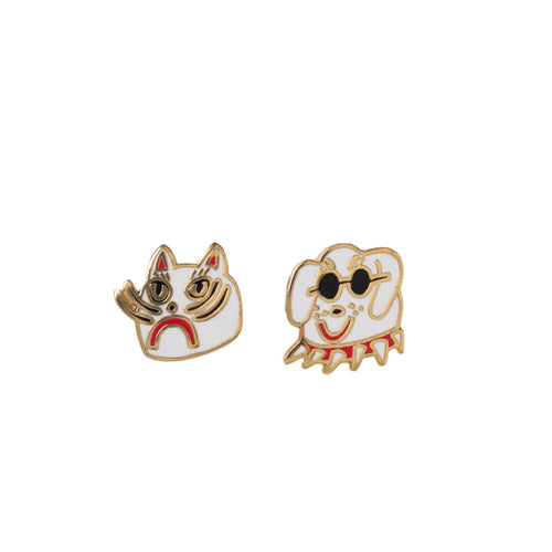 Mismatched cloisonné stud earrings featuring sassy cat and sunglasses dog by Kristina Micotti gilded in 22 karat gold by Yellow Owl Workshop