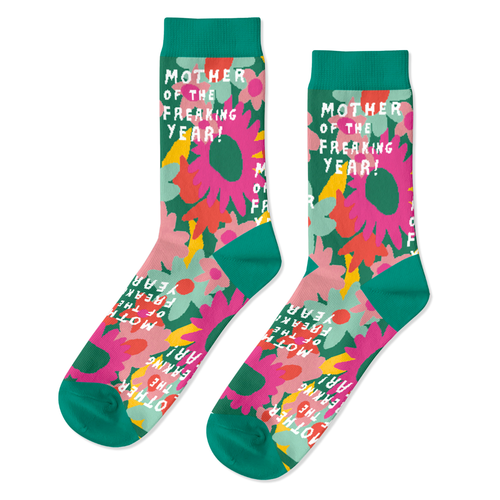 Teal and pink floral crew socks with Mother of the Freaking Year text in white by Yellow Owl Workshop