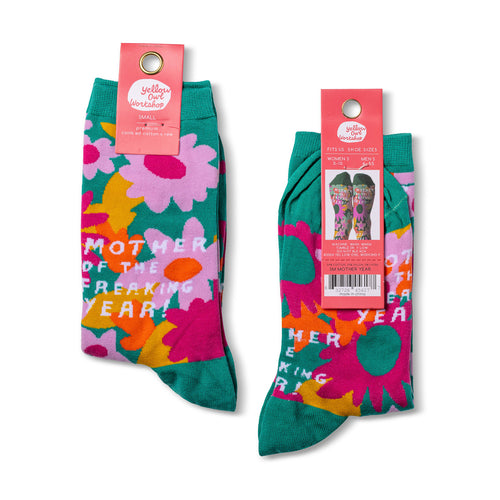 Mother of the Year crew socks packaging front and back by Yellow Owl Workshop