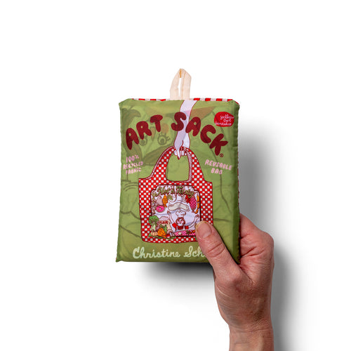 Person holding illustrated pizza tote bag with red gingham border and Hot and Tasty pizza parlor print by Yellow Owl Workshop