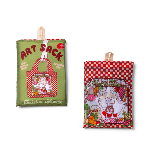 Pizza Art Sack® folded front and back showing red gingham pizza parlor illustration and red Art Sack® packaging by Yellow Owl Workshop