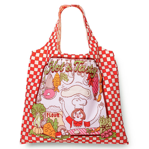 Illustrated reusable tote bag with red gingham border featuring Hot and Tasty pizza parlor illustration with little chef and fresh ingredients by Yellow Owl Workshop