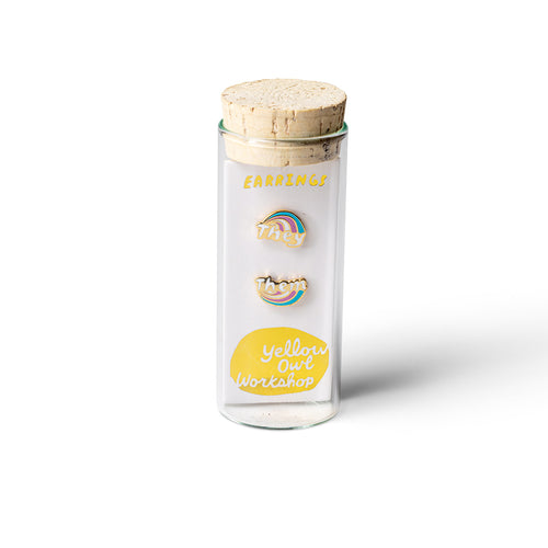 They Them mismatched cloisonné stud earrings in glass vial packaging by Yellow Owl Workshop