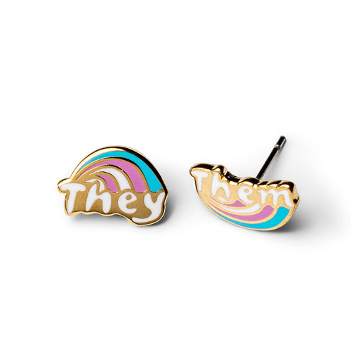 Mismatched cloisonné stud earrings featuring They and Them on rainbow clouds gilded in 22 karat gold by Yellow Owl Workshop