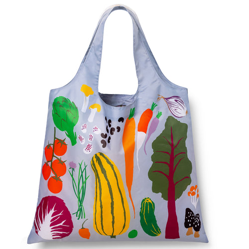 Periwinkle illustrated reusable tote bag featuring bold colorful vegetable illustrations including artichoke tomatoes delicata squash and chard by Yellow Owl Workshop