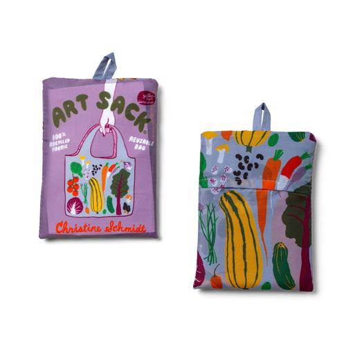 Vegetables Art Sack® folded front and back showing colorful vegetable illustration and red Art Sack® packaging by Yellow Owl Workshop